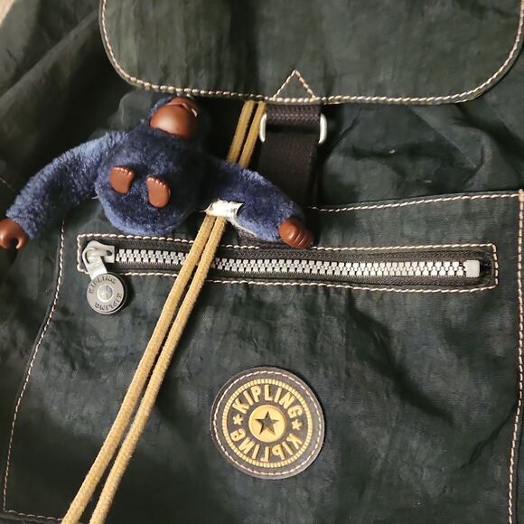 Kipling Dark Green Nylon Mini Drawstring Backpack w/ Gorilla Keychain - Picture 3 of 12